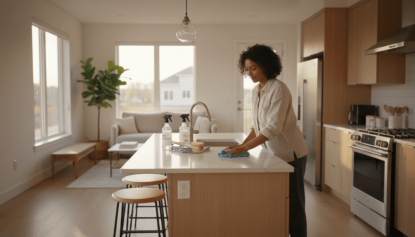 Professional cleaner wiping a kitchen counter in a bright modern home