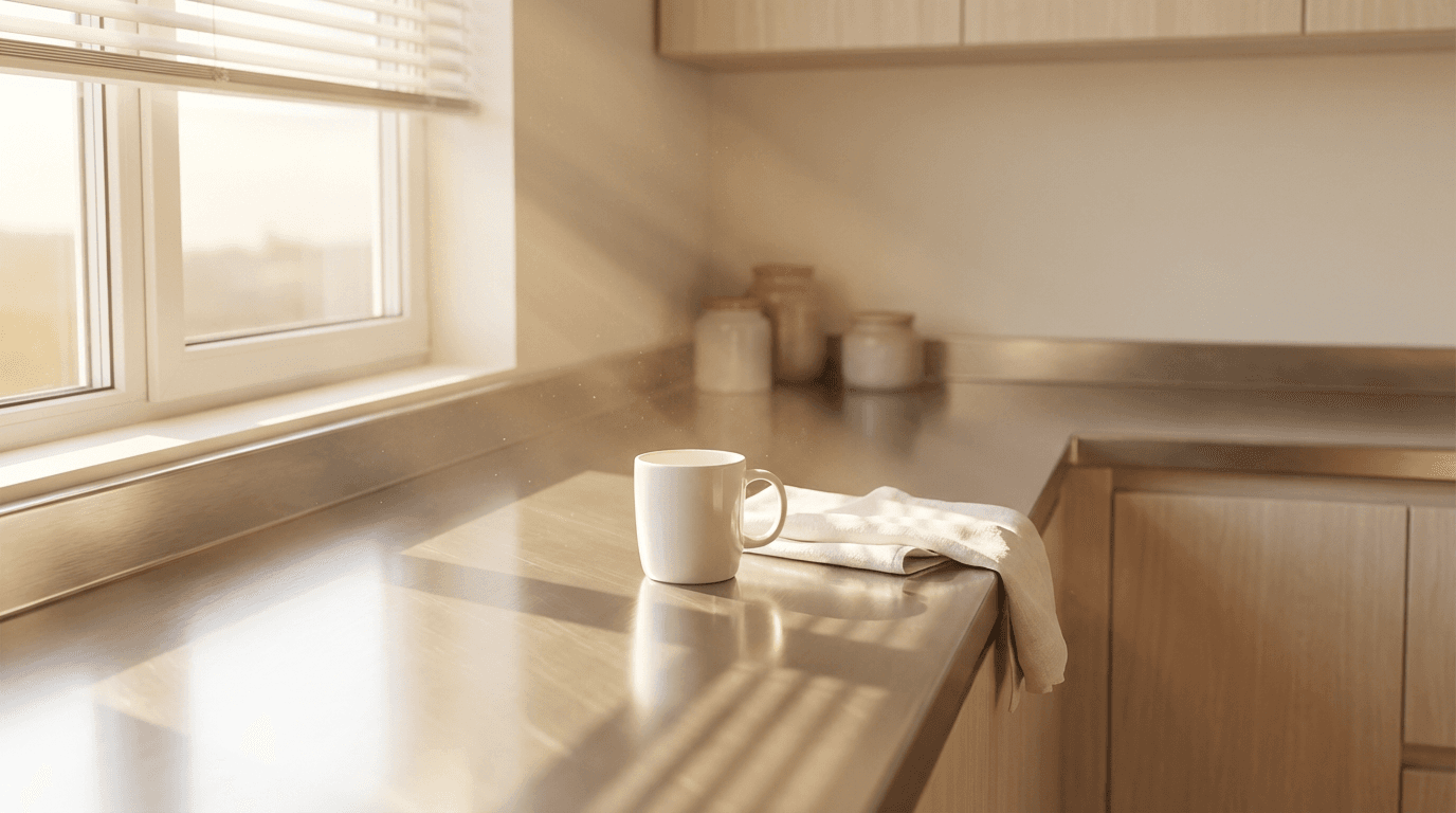 Professional cleaner dusting a shelf in a bright modern home